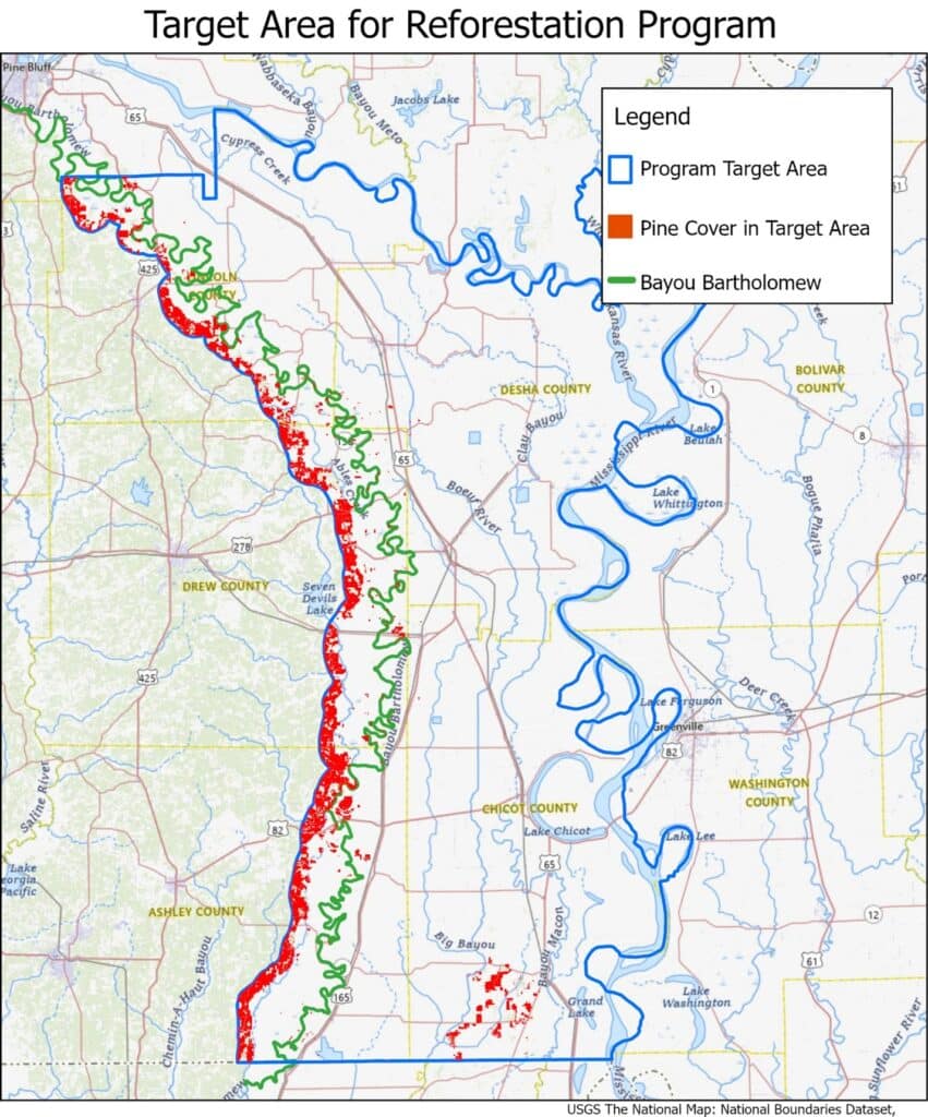 Map with target areas for the Hardwood Reforestation Program.