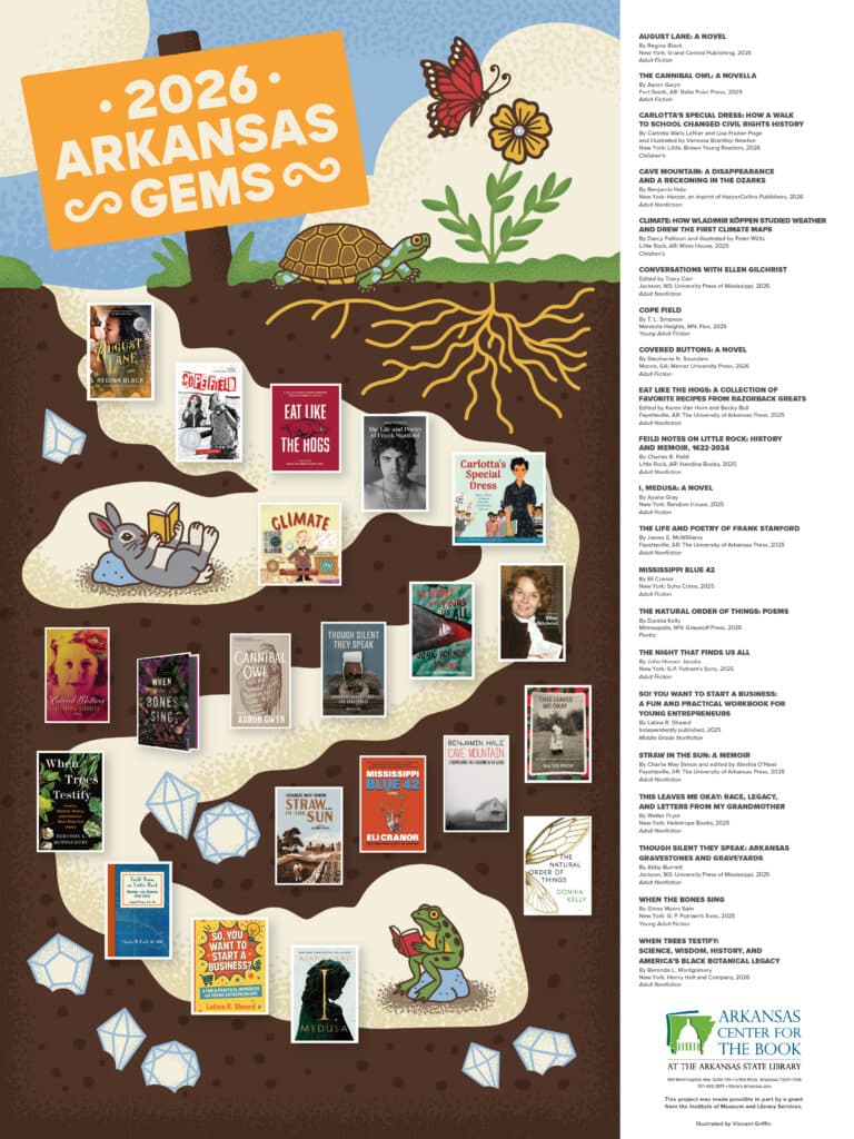 The 2026 Arkansas Gems poster features twenty-one books by Arkansans or about Arkansas.